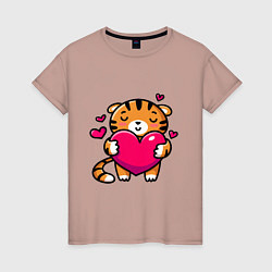 Футболка хлопковая женская Милый тигренок с сердечком, цвет: пыльно-розовый