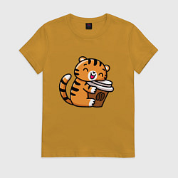 Футболка хлопковая женская Тигренок и кофе, цвет: горчичный