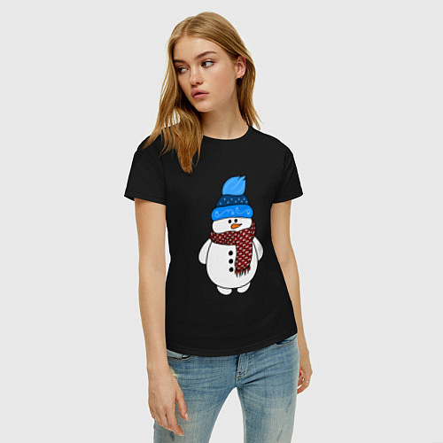Женская футболка Снеговик в шапочке / Черный – фото 3
