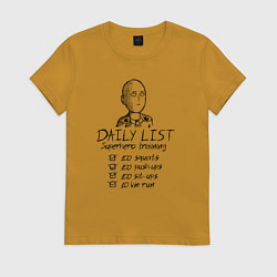 Футболка хлопковая женская Лист супергеройских тренировок Сайтамы, цвет: горчичный