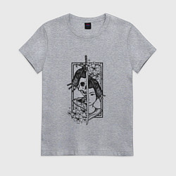 Футболка хлопковая женская МОЛОДАЯ ГЕЙША ЧЕРЕП, цвет: меланж