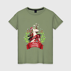 Футболка хлопковая женская Christmas Unicorn, цвет: авокадо