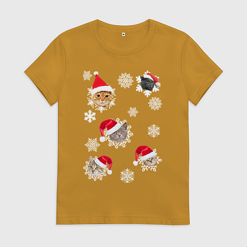 Женская футболка Новогодние Коты в Шапках / Горчичный – фото 1