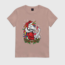 Футболка хлопковая женская Unicorn Santa, цвет: пыльно-розовый