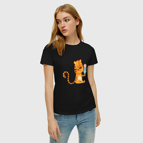 Женская футболка Тигр с мороженым - символ года / Черный – фото 3