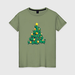Футболка хлопковая женская Christmas Tree Made Of Green Cats, цвет: авокадо