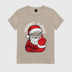 Футболка хлопковая женская Плохой санта Merry x-mas, цвет: миндальный