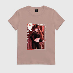 Футболка хлопковая женская Ху Тао Hu Tao с надписями, Genshin Impact Геншин и, цвет: пыльно-розовый