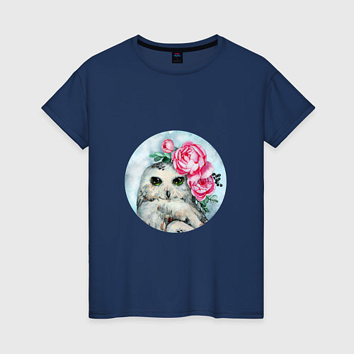 Женская футболка Полярная сова с цветами Акварель / Тёмно-синий – фото 1