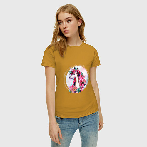 Женская футболка Единорог среди цветов и ягод Акварель / Горчичный – фото 3