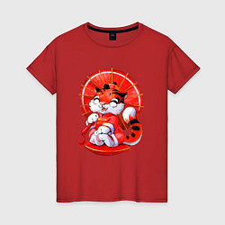 Футболка хлопковая женская Китайский тигр с зонтиком, цвет: красный