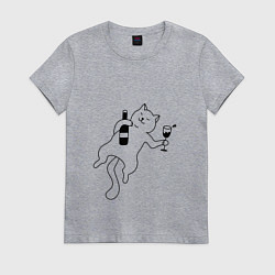 Футболка хлопковая женская Кот лежит с бутылкой и бокалом, цвет: меланж