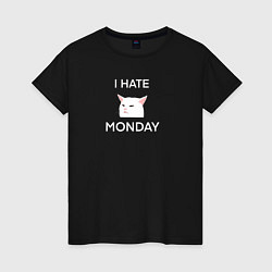 Футболка хлопковая женская I hate monday текст с котом, цвет: черный