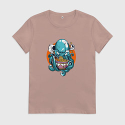 Футболка хлопковая женская Octopus Eating Ramen, цвет: пыльно-розовый