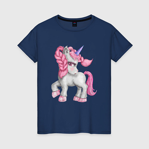 Женская футболка Единорог с розовой гривой / Тёмно-синий – фото 1