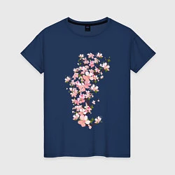 Футболка хлопковая женская Весна Цветущая сакура Japan, цвет: тёмно-синий