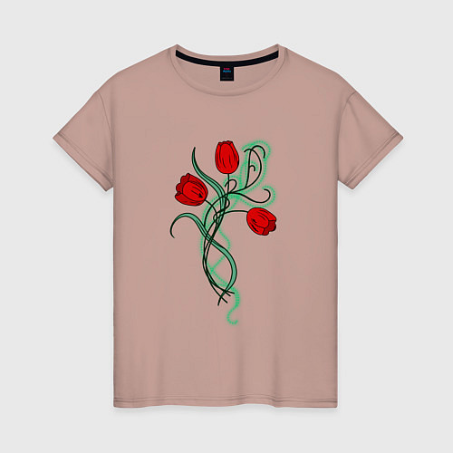 Женская футболка Красные тюльпаны, букет / Пыльно-розовый – фото 1