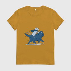 Футболка хлопковая женская Путешествие на коте, цвет: горчичный