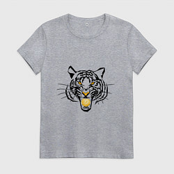 Футболка хлопковая женская Агрессивный тигр с монетой Доджкойна в пасти, цвет: меланж