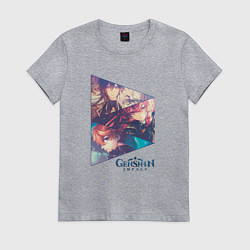 Футболка хлопковая женская Чжун Ли, Дилюк, Тарталья, цвет: меланж