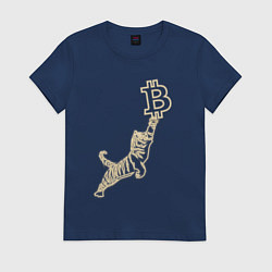 Футболка хлопковая женская Биткоин с тигром в неоновом свечении, цвет: тёмно-синий