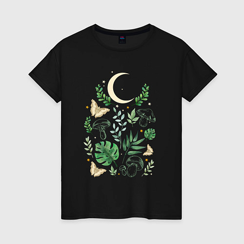 Женская футболка Луна, грибы, листья и бабочки / Черный – фото 1