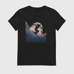 Футболка хлопковая женская Лыжи и Лыжники, цвет: черный