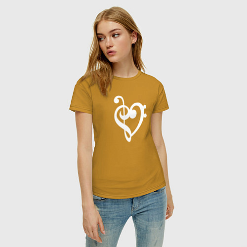 Женская футболка Сердце Скрипичный и Басовый Ключи / Горчичный – фото 3