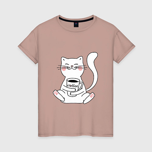Женская футболка Белый кот с кофе / Пыльно-розовый – фото 1