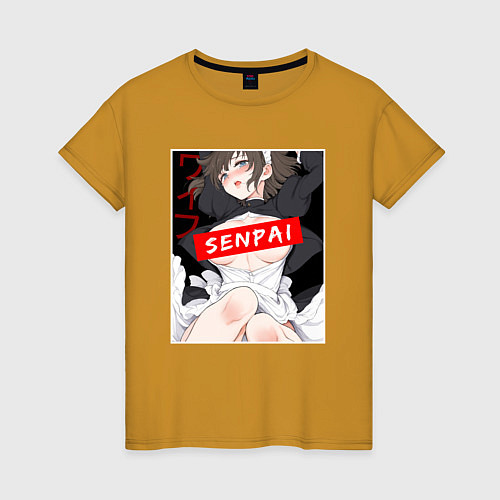 Женская футболка Девушка и надпись Senpai Ahegao / Горчичный – фото 1