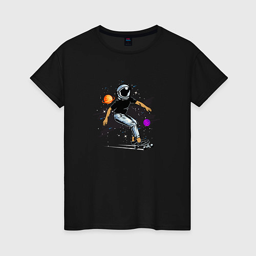 Женская футболка Космонавт - скейтбордист / Черный – фото 1