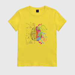 Футболка хлопковая женская Два полушария мозга, цвет: желтый