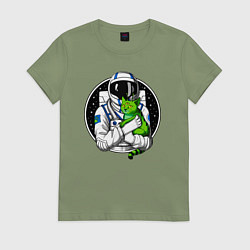 Футболка хлопковая женская Космонавт с инопланетным котом, цвет: авокадо