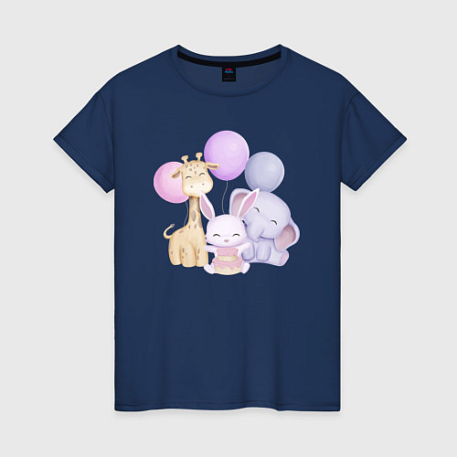 Женская футболка Милый Жирафик, Слонёнок и Крольчонок На Празднике / Тёмно-синий – фото 1