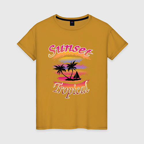 Женская футболка Тропический закат пальмы яхта unsets tropical / Горчичный – фото 1