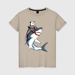 Футболка хлопковая женская Опоссум верхом на акуле, цвет: миндальный