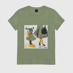 Футболка хлопковая женская Мама и дочка с мороженым держатся за руки надпись, цвет: авокадо