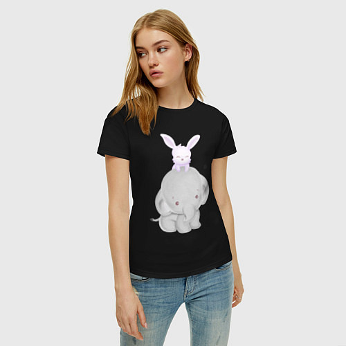 Женская футболка Милый Слонёнок и Крольчонок / Черный – фото 3