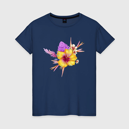 Женская футболка Цветы Оранжевый Гибискус / Тёмно-синий – фото 1