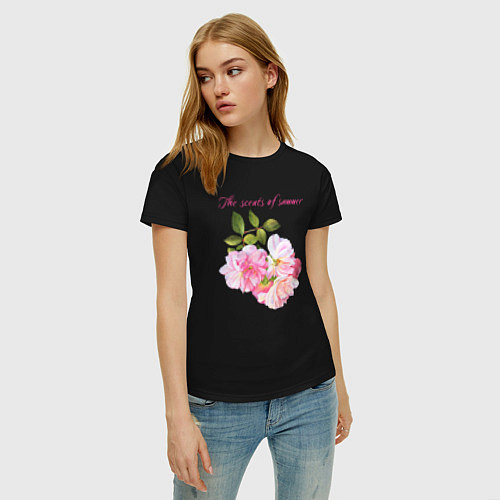 Женская футболка Ароматы лета розовые розы лето / Черный – фото 3