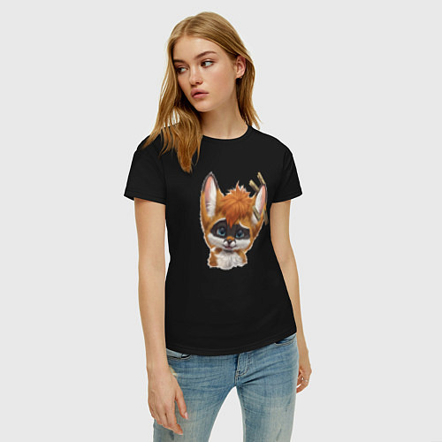 Женская футболка Прикольный лисёнок с прищепками на левом ухе / Черный – фото 3