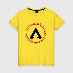 Футболка хлопковая женская Символ Apex Legends и красная краска вокруг, цвет: желтый