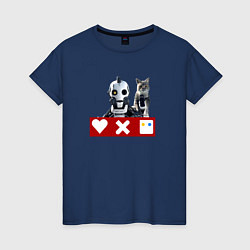 Футболка хлопковая женская Love death and robots белый робот с котом, цвет: тёмно-синий
