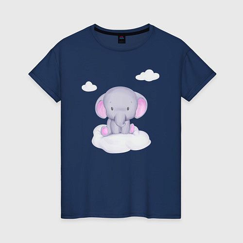 Женская футболка Милый Слонёнок Сидит На Облачке Среди Облаков / Тёмно-синий – фото 1