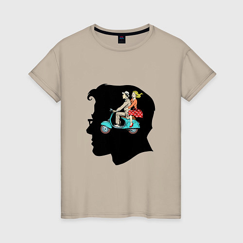 Женская футболка MAN WITH A GIRL ON A SCOOTER / Миндальный – фото 1