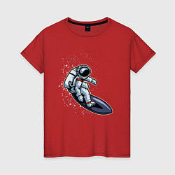 Футболка хлопковая женская Космонавт на доске - серфинг, цвет: красный