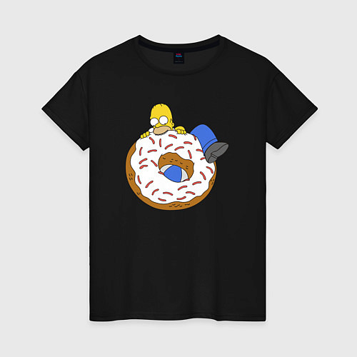 Женская футболка Большой пончик с глазурью принт Гомер / Черный – фото 1