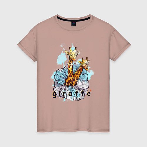 Женская футболка Парочка оранжевых в пятнышку жирафов в голубом акв / Пыльно-розовый – фото 1
