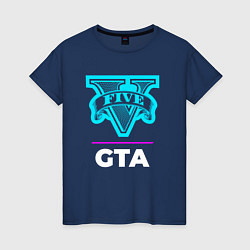 Футболка хлопковая женская Символ GTA в неоновых цветах, цвет: тёмно-синий