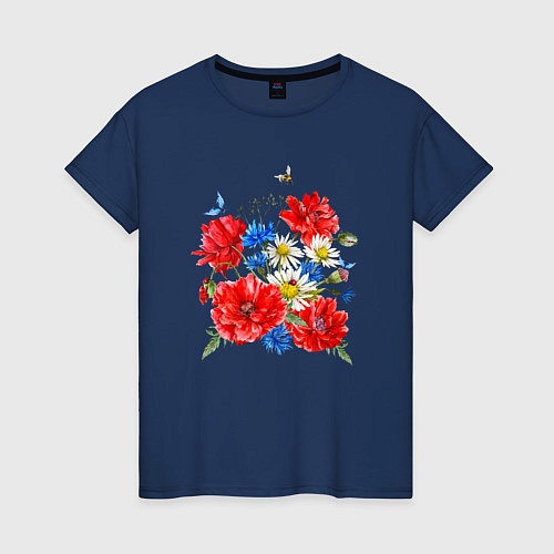 Женская футболка Летний букет мак василек ромашка цветы лето / Тёмно-синий – фото 1